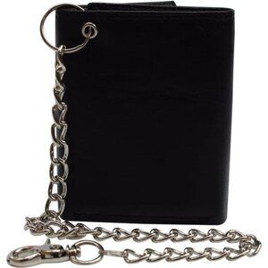 Men's RFID Blocking Premium Leather Chain Trifold Wallet (Black with Chain)